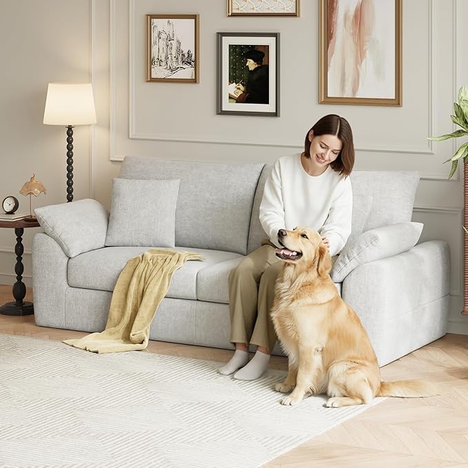 MALOL 90" Boneless Loveseat Sofa, Cloud Foam Couch, 3 Seater Upholstered Midcentury Mondern Love Seat, Wide Armrest and 4 Pillows for Home Living Room/Small Spaces, No Assembly Required, Beige