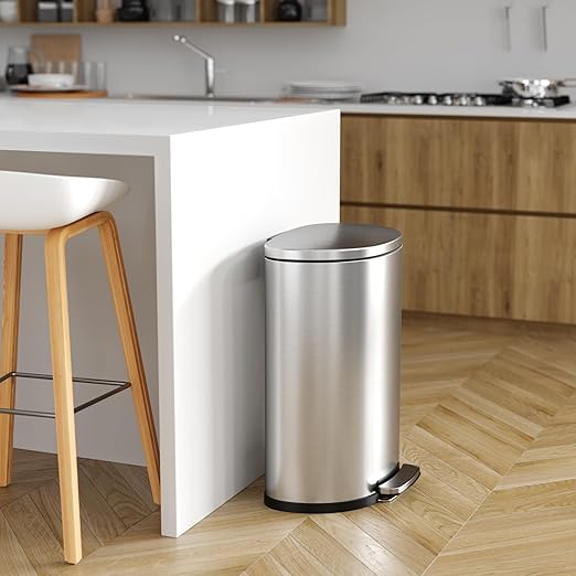 iTouchless SoftStep 13.2 Gallon Step Trash Can with Odor Control System Stainless Steel, Semi-Round, 50 Liter Garbage Bin for Kitchen, Office, Home-Silent and Gentle Open/Close, Space Saving