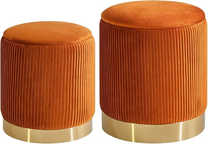 IBUYKE Round Storage Ottoman Set of 2 Ottoman for Dorm Vanity Stool with Storage Velvet FootStools End Table Boucle Ottoman for Home Organization Orange UWBD016J