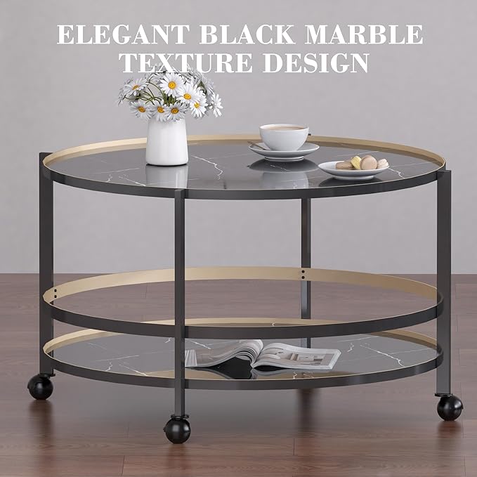 Round Coffee Table with Wheels & 2-Tier Design Black Marble-Textured Top, Sturdy Metal Frame & Premium Baked Paint Finish for Living Room, Balcony, Home - Easy Assembly - 31.5"x19.7"