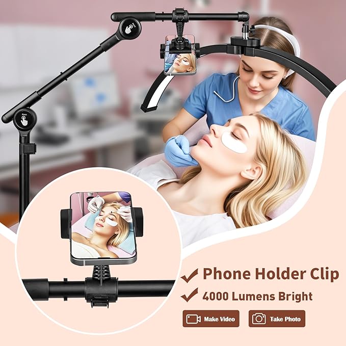HITTI Half Moon Eyelash Esthetician Light - 2026 LED Lash Tech Lamp with 4-Wheel Rolling Base, 3 Color Modes, Dimmable Brightness & Phone Holder for Extension, Tattoo Artists, Beauty, SPA -Black