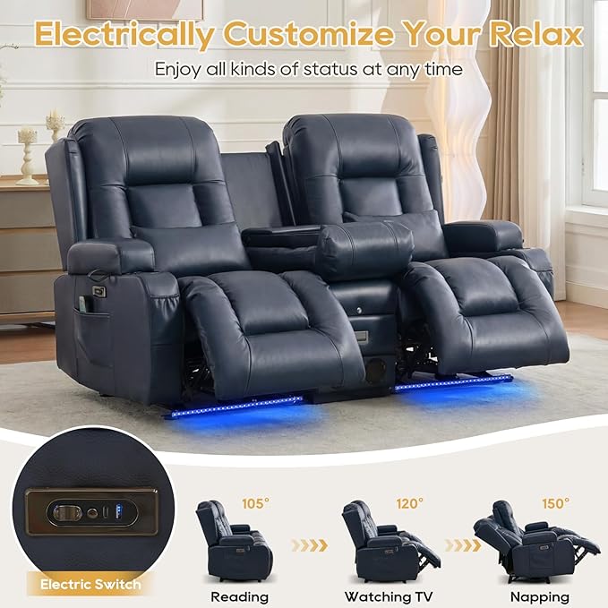 IPKIG Power Recliner Sofa with Flip-Up Backrest Console, USB & USB-C Ports, AC Outlet, LED Lights, Wall Hugger Recliners for Living Room, RV (Dark Blue, 67" - 3 Seat) | Breathable Leather, Zero Gravity, Dual Reclining, 2 Lumabr Pillow, Bluetooth Speakers