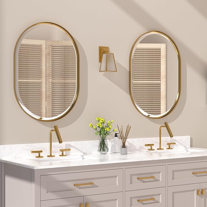POZINO Modern Oval Beveled Mirror, 22"x30" Brushed Gold Bathroom Vanity Mirror Over Sink, Pill Shaped Capsule Wall Mounted Mirrors for Living Room Bedroom Entryway, Hangs Vertically or Horizontally