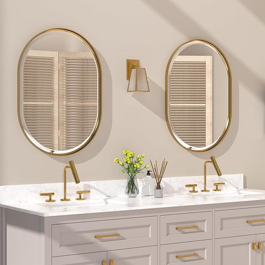 POZINO Modern Oval Beveled Mirror, 22"x30" Brushed Gold Bathroom Vanity Mirror Over Sink, Pill Shaped Capsule Wall Mounted Mirrors for Living Room Bedroom Entryway, Hangs Vertically or Horizontally