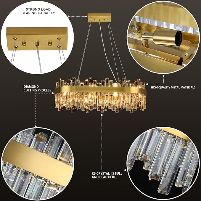 Gold Crystal Chandeliers for Dining Room Lights Fixtures Over Table, 16 Lights Modern Rectangle 2-Tier Chandeliers for Kitchen Island Bar L32 Inch