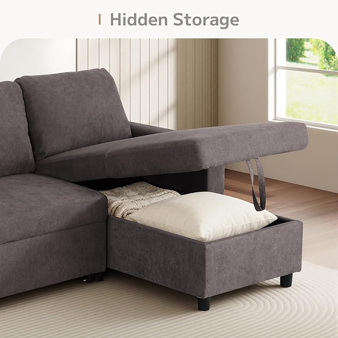 Yafylly L-Shaped Sleeper Sofa with Chaise Lounge & Storage, Pull-Out Couch Bed with Recliner, Full Size Futon for Living Room, Office, Apartment, Coffee