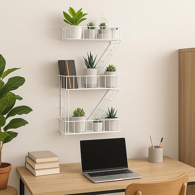 Fire Escape Wall Shelf – New York Decorative Floating Shelf – Wall Art Ladder Shelf – White Metal Trinket Shelves for Bedroom, Living Room, Home, Storage and Display (3-Tier)