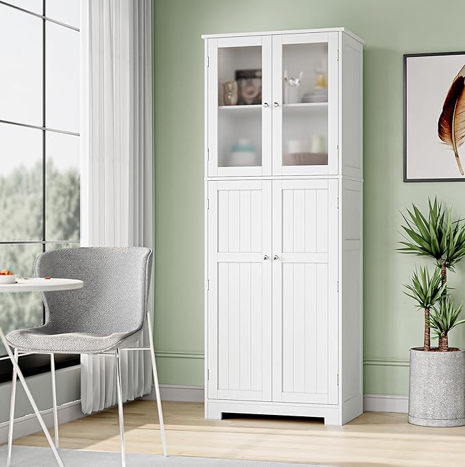 Tall Kitchen Pantry, 67-Inch High Freestanding Tall Cupboard Storage Cabinet with Glass Doors and Shelves, Modern Food Pantry Cabinet Cupboard White for Kitchen, Dining Room, Home bar