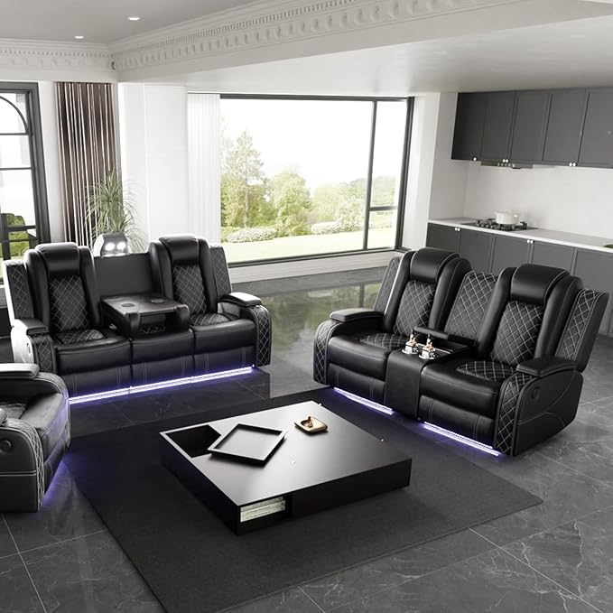 Power Leather Recliner Sofa Set with LED Light,Reclining Sofa and Loveseat,Leather Couch Set for 3 Seats Couch with Coffee Table/Loveseat with Storage Console 2 PCS for Living Room(Black,3+2)