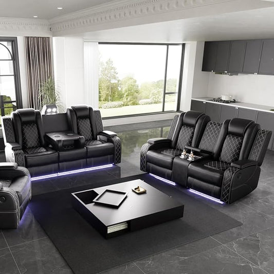 Power Leather Recliner Sofa Set with LED Light,Reclining Sofa and Loveseat,Leather Couch Set for 3 Seats Couch with Coffee Table/Loveseat with Storage Console 2 PCS for Living Room(Black,3+2)