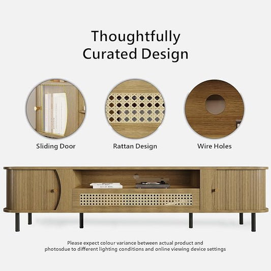 basenji 79" Fluted TV Stand with Sliding Doors & Rattan,Mid Century Modern Entertainment Center with Storage,Curved Edge Design,Media Console for TVs up to 85",TV Consoles for Living Room,Wood