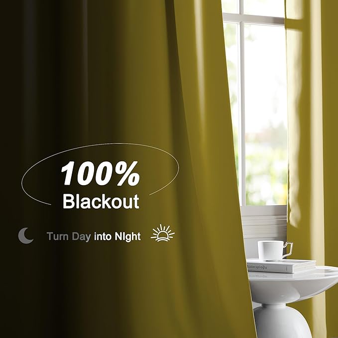 NICETOWN 100% Blackout Curtains for Patio Sliding Glass Door, Paler Yellow W52 x L84 Set of 2 Light Blocking & Soundproof Drapes,Rod Pocket Black Lined Window Treatment Panels
