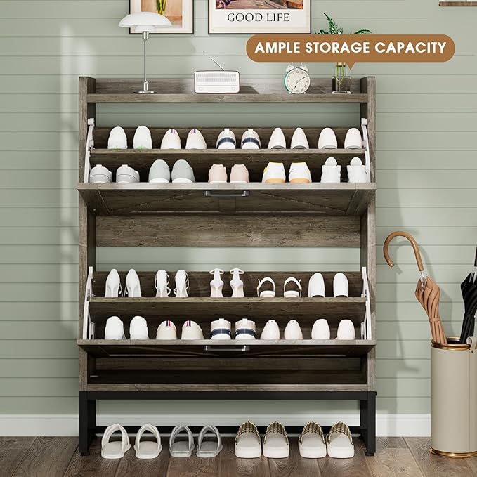 Shoe Cabinet, Shoe Storage Cabinet with 2 Flip Drawers & Adjustable Shelf, Space-Saving Shoe Organizer – Holds 16+ Pairs, Narrow Shoe Cabinet Storage for Entryway/Hallway（Grey）