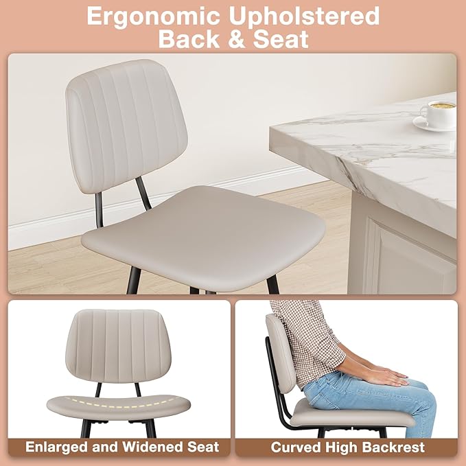 24-Inch Leather Bar Stools Set of 2, Counter Height Barstools with High Backrest，Bar Chairs for Kitchen Island with Heavy Duty Metal Base, Beige