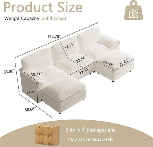 114" U Shaped Cloud Couch Sectionals Comfy Beige White Sectional Couches for Living Room Modern Fluffy Oversized Modular Sofas with Ottoman, Chenille Large Big 5 Seat Sofa Set