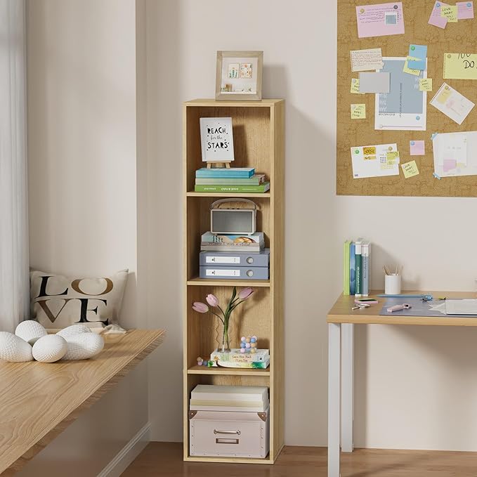4 Tier Bookshelf, Freestanding Corner Storage Shelve Book Case for Narrow Space, 4 Cube Storage Organizer Small Bookcase for Home Office Living Room (Oak, 4 Cube)