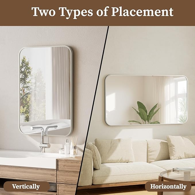 BEAUTYPEAK 26" x 38" Silver Aluminum Alloy Frame Rectangle Vanity Mirror, Wall Mounted Bathroom Mirror with Rounded Corners for Farmhouse, Restroom, Entryway, Horizontal or Vertical Hanging