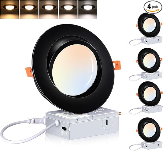 CLOUDY BAY [4 Pack] 6 inch 5 Color Swivel LED Gimbal Recessed Light with Junction Box IC Rated Air Tight,120V CRI90+,2700K/3000K/3500K/4000K/5000K Selectable,Black