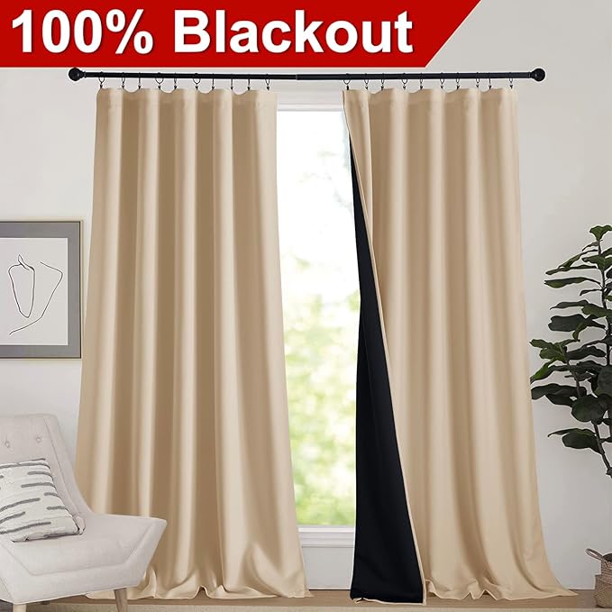 NICETOWN Thermal Insulated 100% Blackout Curtains, Rod Pocket Noise Reducing Drapes with Black Lining, Full Light Blocking Drapery Panels for Patio (Biscotti Beige, 1 Pair, 62-inch x 95 inches)