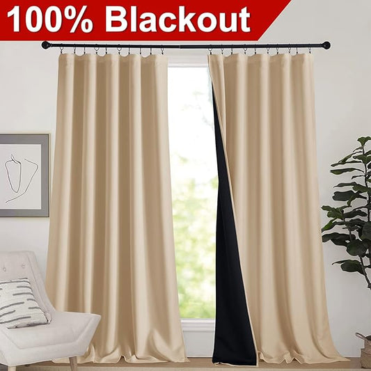 NICETOWN Thermal Insulated 100% Blackout Curtains, Rod Pocket Noise Reducing Drapes with Black Lining, Full Light Blocking Drapery Panels for Patio (Biscotti Beige, 1 Pair, 62-inch x 95 inches)