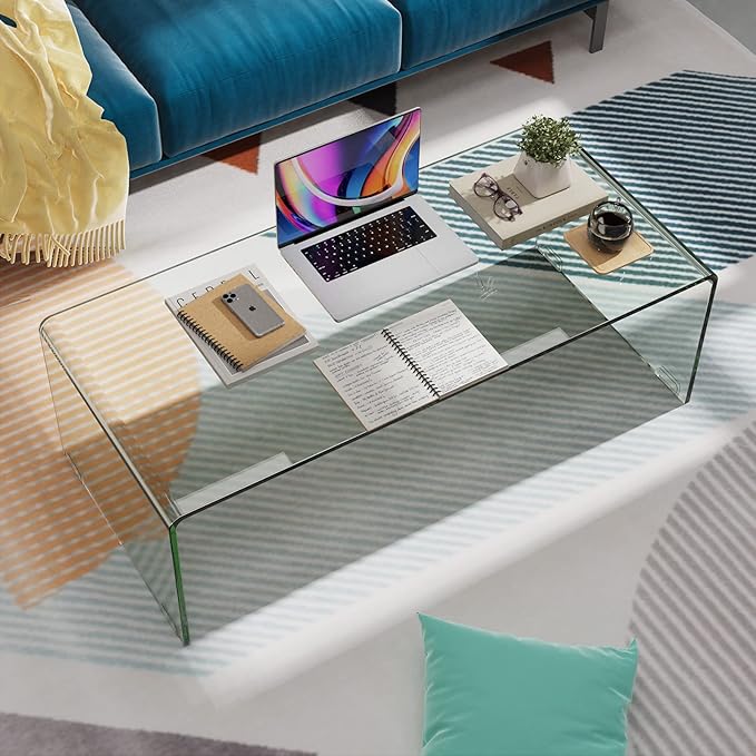 Tangkula Glass Coffee Table, 42.5" L × 20" W ×14" H, Modern Home Furniture, 0.47" Clear Tempered Glass End Table, International Occasion Tea Table, Waterfall Table with Rounded Edges (Clear)