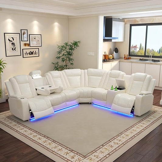 Power Leather Recliner Sectional Sofa with LED Light,L Shaped Reclining Couch with USB Charger/Cup Holder/Storage,Leather Sofa for Living Room Furniture Sets(Cream Stripes,Sectional)