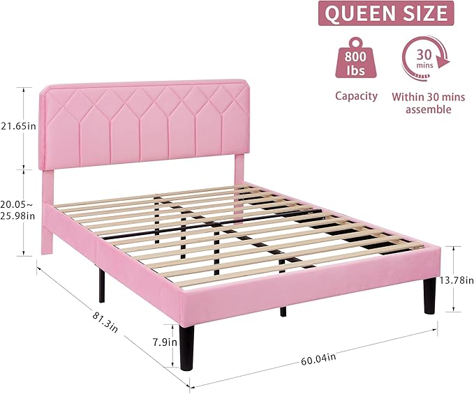 VECELO Queen Size Bed Frame Premium Velvet Upholstered Platform with Height Adjustable Headboard/Mattress Foundation, Solid Wooden Slat Support, No Box Spring Needed/Easy Assembly