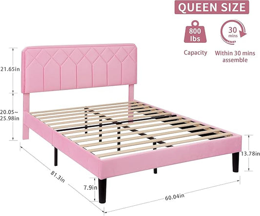 VECELO Queen Size Bed Frame Premium Velvet Upholstered Platform with Height Adjustable Headboard/Mattress Foundation, Solid Wooden Slat Support, No Box Spring Needed/Easy Assembly