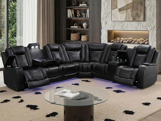 Power Recliner Sectional Sofa with LED Light, Breathing Leather Recliner Sofa Couch with Storage/Cup Holder for Living Room Home Office Theater(Black-PRO)