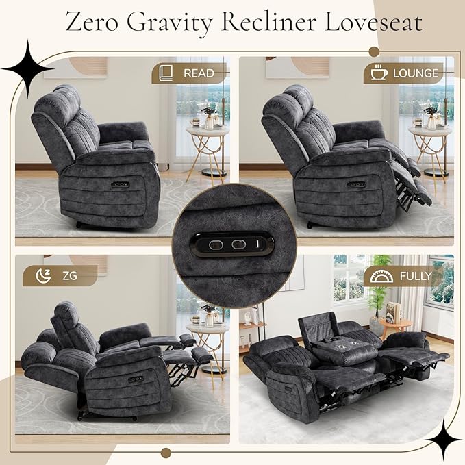 Power Reclining Sofa with Zero Gravity, Adjustable Headrest, Electric Reclining Couch with Wireless Charge, Outlets, Power Loveseat Recliner Sofa for Living Room (Grey, 3 Seater Sofa)