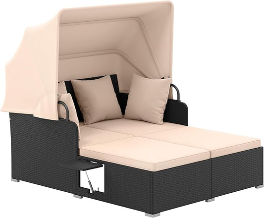 Tangkula Patio Rattan Daybed with Retractable Canopy, Outdoor Wicker Sunbed Lounger with 2 Foldable Side Tables, Thick Seat & Back Cushions, Outside Double Daybed for Garden, Backyard, Porch