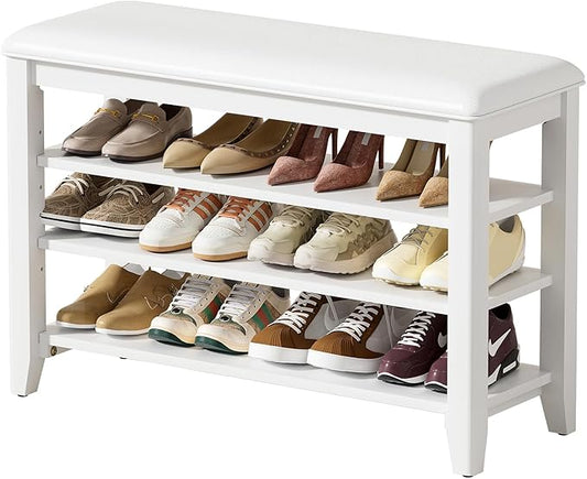 Entryway Shoe Storage Bench with Leather Cushion, Shoe Organizer Bench for Entryway, Ideal for Hallways Front Doors Entrances Mudrooms Featuring Rubberwood And 3 Height-Adjustable & Removable Shelve