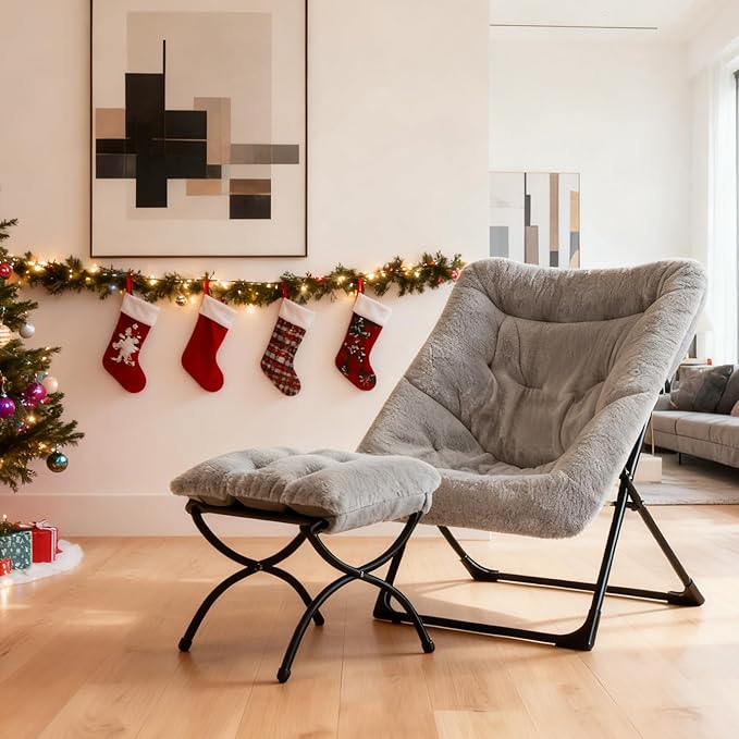 HollyHOME X-Large Saucer Chair with Foldable Ottoman, Comfy Oversized Folding Chair and Folding Footrest Stool Set, Faux-Fur Reading Chair and Footstool for Living Room, Bedroom, Grey Chair&Stool
