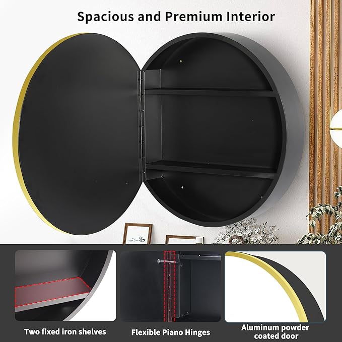 Movo 28 Inch x 28 Inch Bathroom Round Black Aluminum Medicine Cabinet with Mirror, Circular Storage Cabinet Surface Mounted