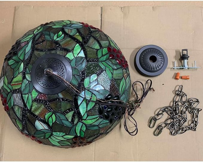 Bieye L10762 Grape Tiffany Style Stained Glass Ceiling Pendant Light with 18 inches Wide Shade, 3-Light, Hard-Wired