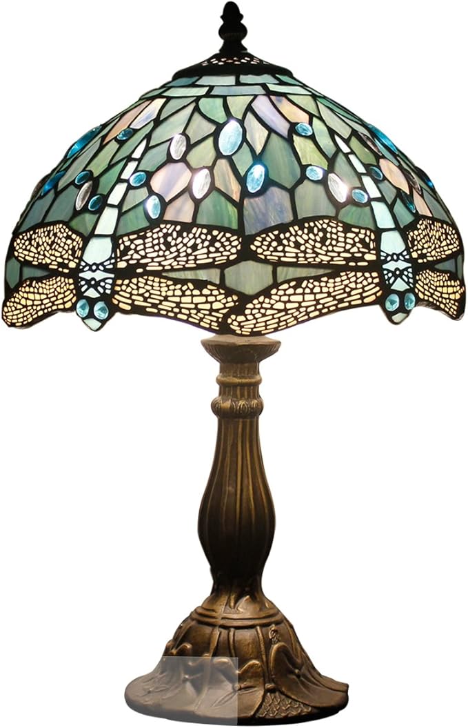 WERFACTORY Tiffany Lamp Shade Replacement 12X6 Inch Sea Blue Stained Glass Dragonfly Style Lampshade Only with Cap fit for Table lamp Pendant Light Ceiling Fixture (Part Not Included) S147 Series