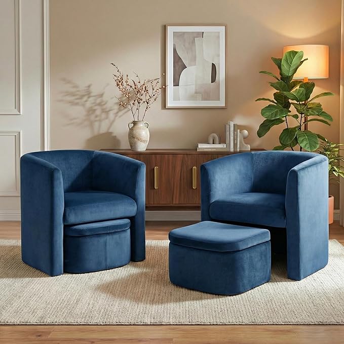 COLAMY Morden Velvet Living Room Side Chair with Storage Ottoman Set of 2, Single Sofa Armchair with Lounge Seat, Upholstered Barrel Accent Chair for Bedroom/Office/Reading Spaces, Blue