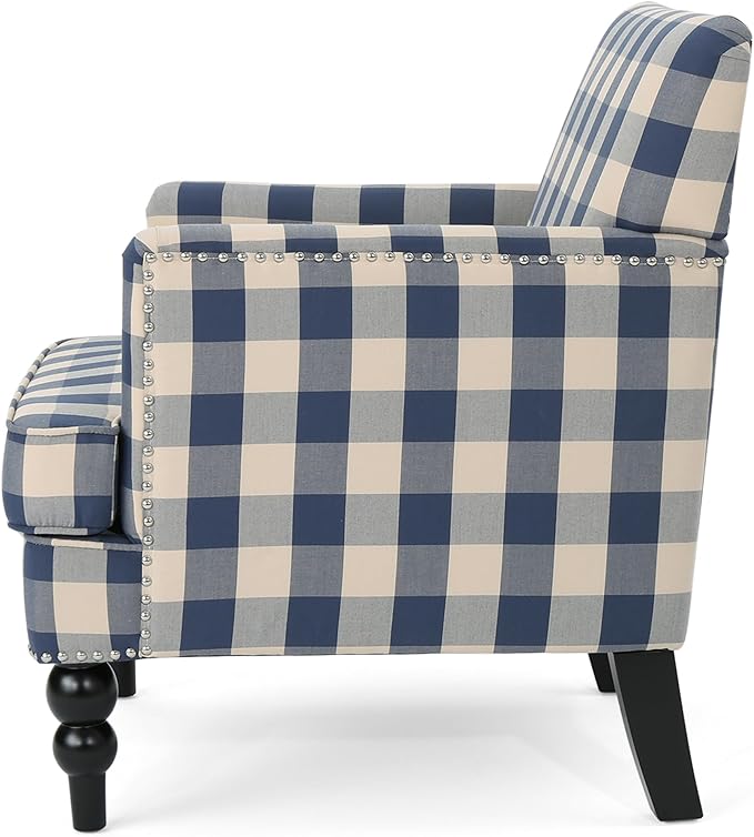 Christopher Knight Home Eve Modern Upholstered Club Chair, Wooden Living Room Accent Chair, Comfy Bedroom Reading Chair, Multifunctional Armchair, Blue Checkerboard