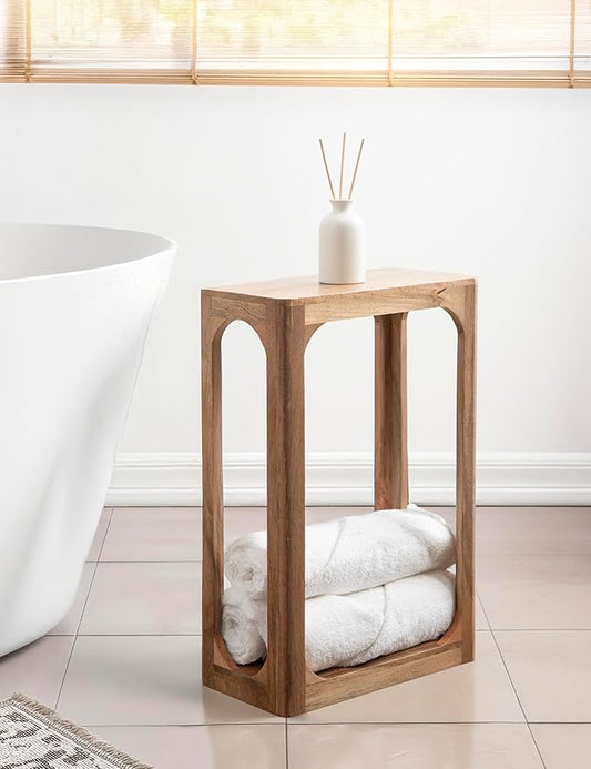 Kate and Laurel Dahl Modern Slatted Wooden Slim Side Table; 16 x 8 x 24; Natural Wood; Transitional Wood Narrow End Table for Use as Living Room Plant Stand or Small Bedroom Nightstand