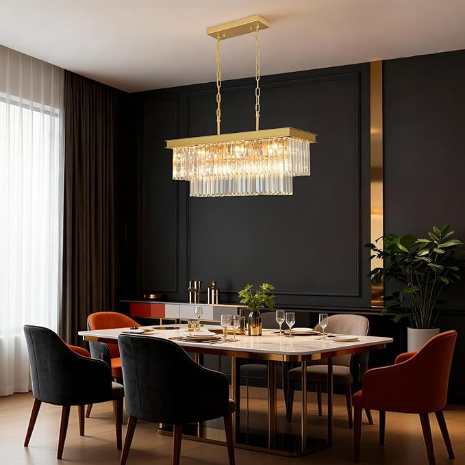 Crystal Chandeliers for Dining Room Light Fixtures Over Table，9-Lights Gold Modern Rectangle Chandeliers for Kitchen Island Bar L28 Inch