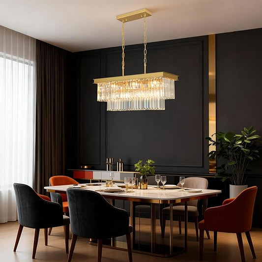 Crystal Chandeliers for Dining Room Light Fixtures Over Table，9-Lights Gold Modern Rectangle Chandeliers for Kitchen Island Bar L28 Inch