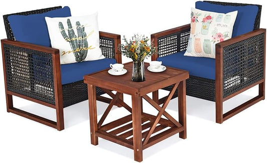 Tangkula 3 Pieces Patio Wicker Furniture Set, Rattan Outdoor Sofa Set w/Washable Cushion & Acacia Wood Coffee Table, Conversation Bistro Set for Garden Balcony Backyard (Blue)