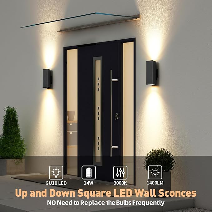 tewei 4 Pack LED Square Up and Down Lights Outdoor Wall Lights, Matte Black Exterior Lighting Fixtures with 7W LED Bulbs, Modern Outdoor Lights for House, Garage, Porch, Doorway