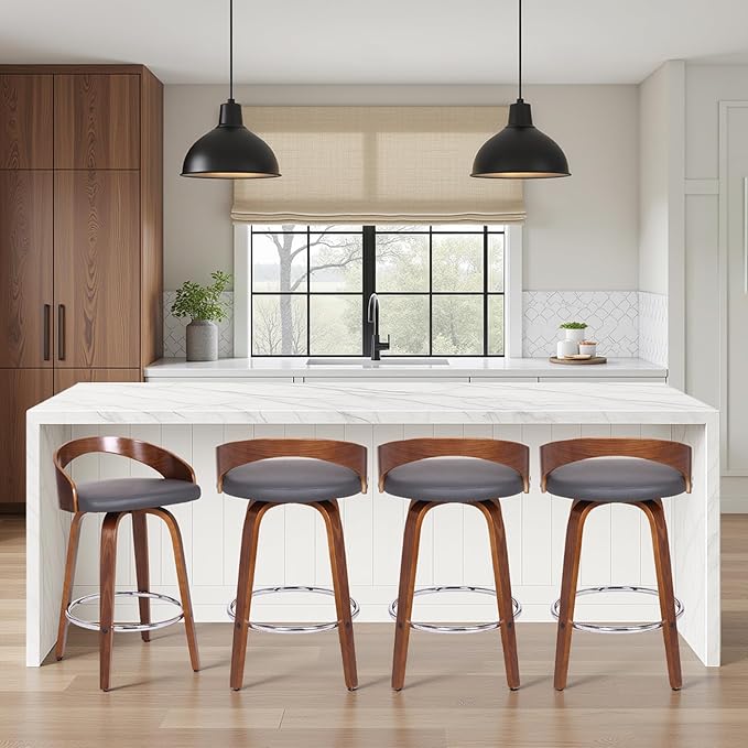Armen Living Sonia 26" Counter Height Swivel Gray Faux Leather and Walnut Wood Bar Stool - Set of 4