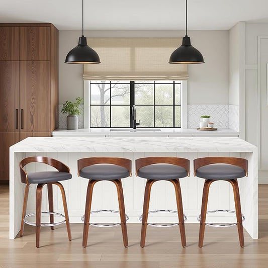 Armen Living Sonia 26" Counter Height Swivel Gray Faux Leather and Walnut Wood Bar Stool - Set of 4