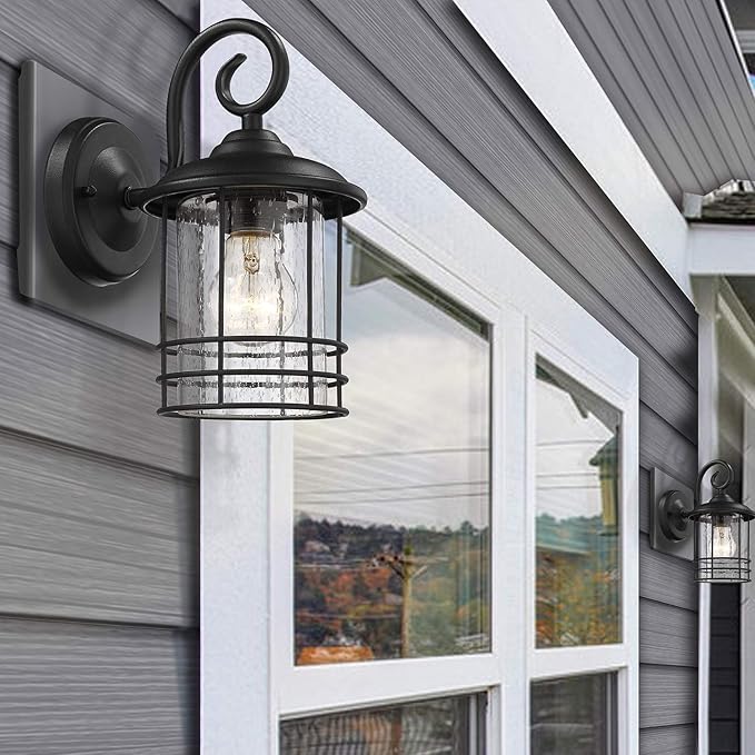 MICSIU 9.8" Textured Black Outdoor Wall Light 2 Pack, 5.5" Wide Exterior Wall Lantern Light with E26 Based Socket, Clear Seedy Glass Exterior Wall Light for House, Entryway, Patio, Garage, Doorway
