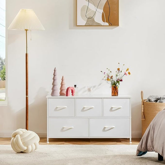 Sweetcrispy Dresser for Bedroom with 5 Storage Drawers, Fabric Storage Tower Organizer, Chest of Drawers with Metal Frame Wooden Top for Closet, Living Room, Entryway, White