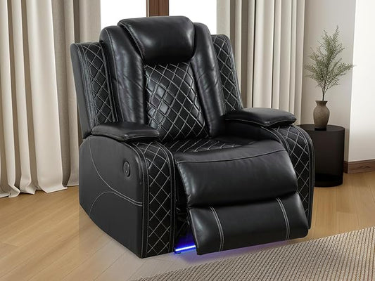 Power Leather Reclining Sofa Sets, Living Room Furniture Sets,Black Breathing Leather Modern Power Reclining Sofa Couch Chair with Recliner Seat/USB Port/LED Light for Living Room