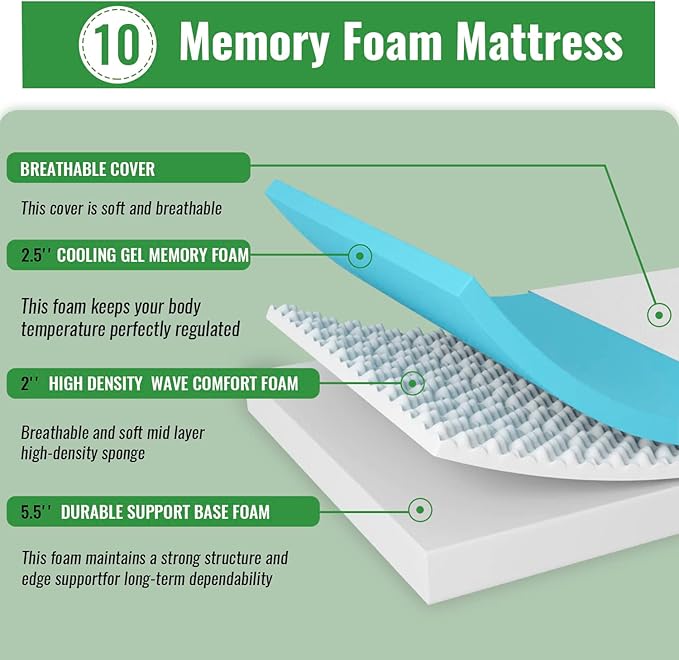 PayLessHere 10 Inch Memory Foam Mattress Twin Mattress Wave Comfort Foam Mattress CertiPUR-US Certified,Removable Soft Cover, mattresses for Bed Frame, Bunk Bed, Trundle, Daybed,Fiberglass Free,White