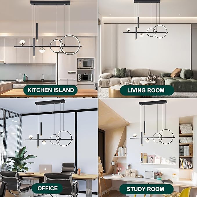 LED Modern Chandeliers for Dining Room, Dimmable Black Gold Chandelier Kitchen Pendant Lighting Over Island, Linear Ring Globe Pendant Light Fixtures Dining Room Lights Ceiling Hanging